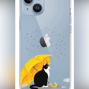 iPhone 14 plus phone case, clear, features cute cat in the rain